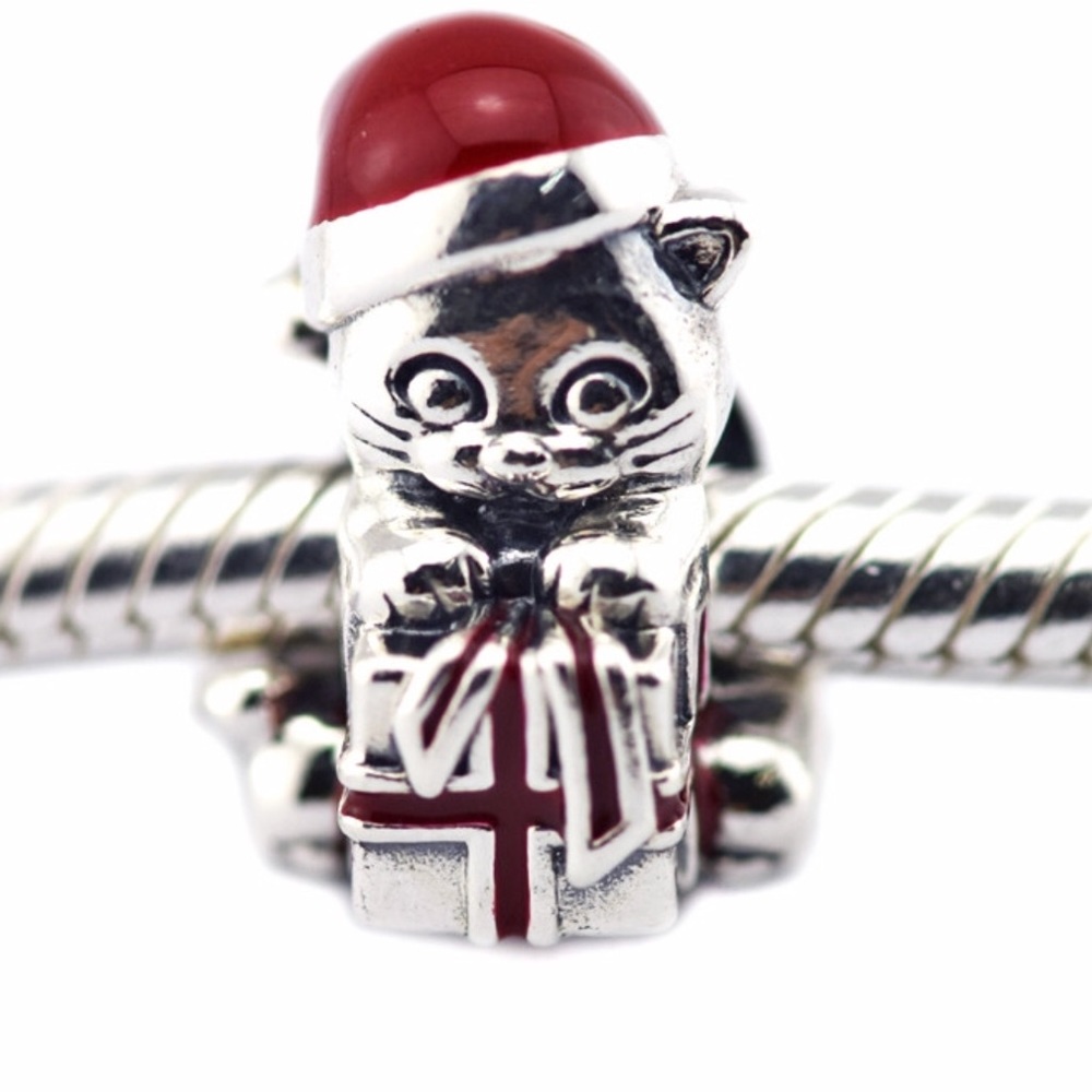 PANDORA CHRISTMAS KITTEN CHARM, BERRY RED ENAMEL